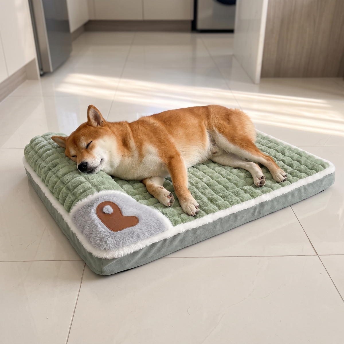 Shiba Inu relaxing on SnugPad on kitchen tiles