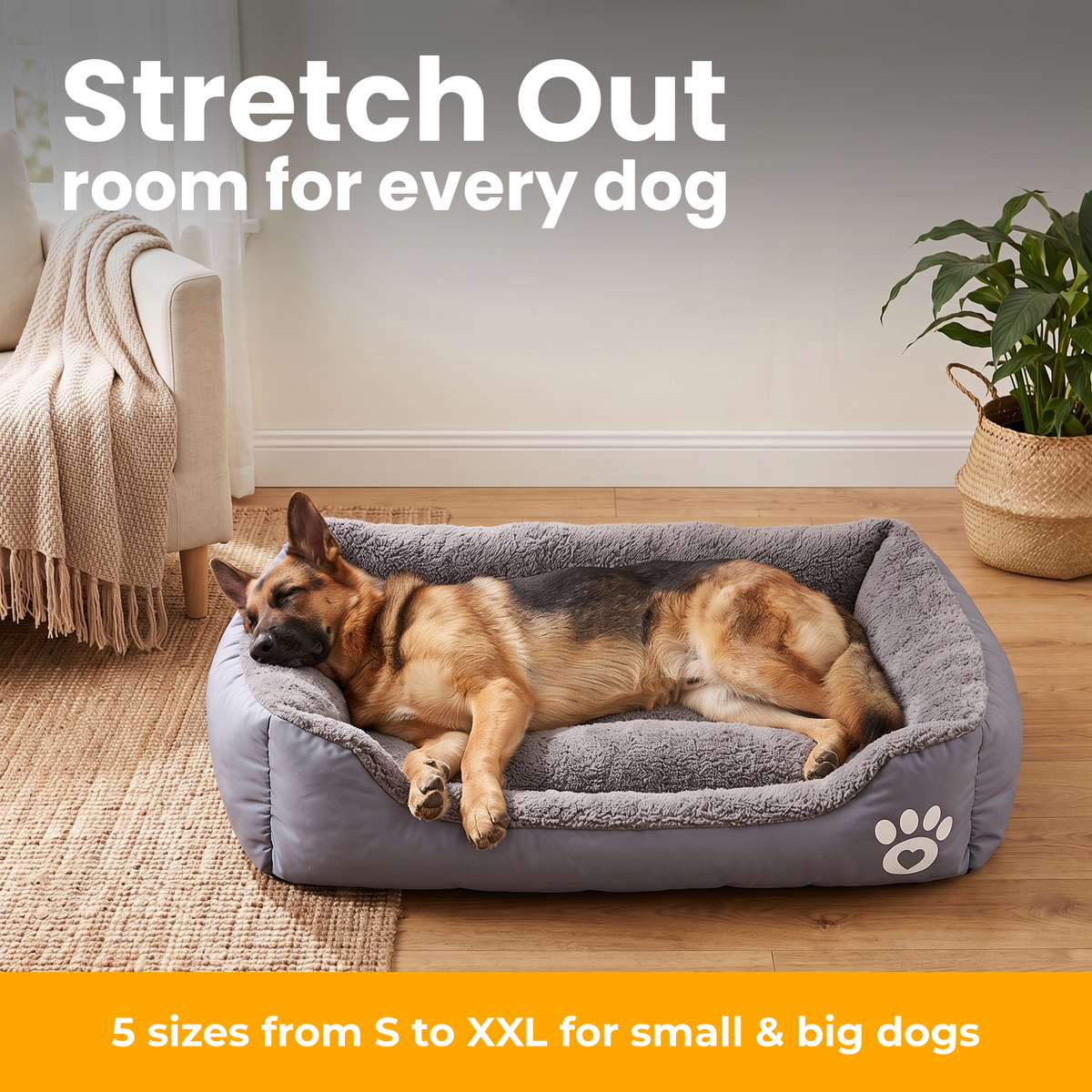 [en] NapBox – German Shepherd stretched out in the large grey NapBox