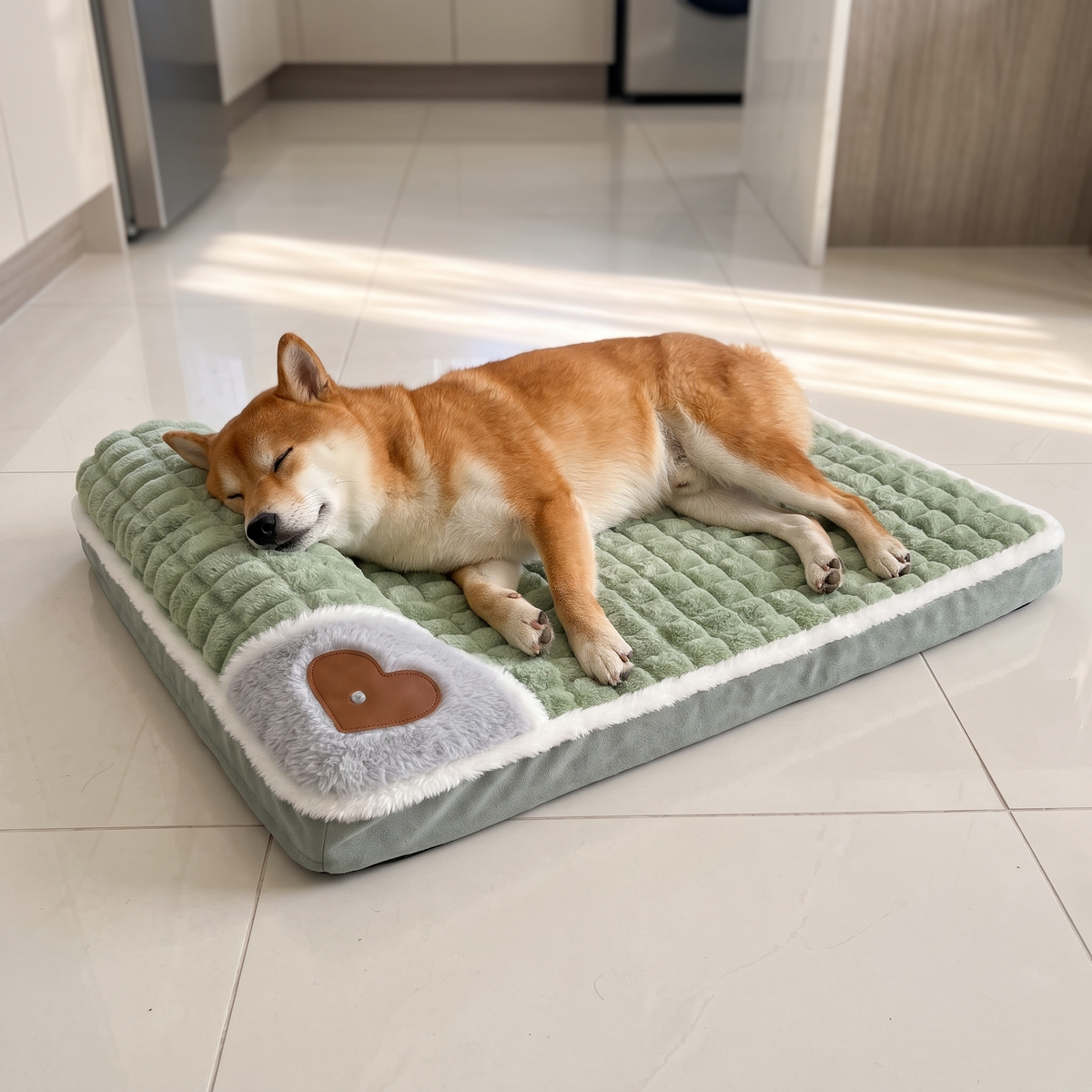 Shiba Inu relaxing on SnugPad on kitchen tiles